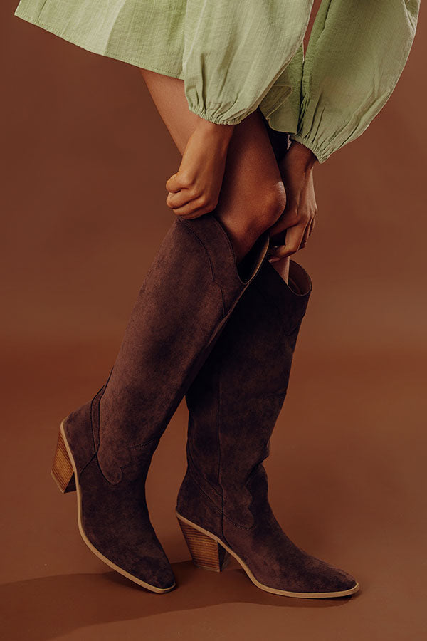 Women's Knee High Boots with Pointed Toe and Stacked Block Heel, Faux Suede Western Style