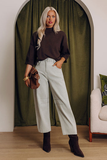 Women's Mock Neck Sweater with Three Quarter Sleeves and Rolled Seam Details