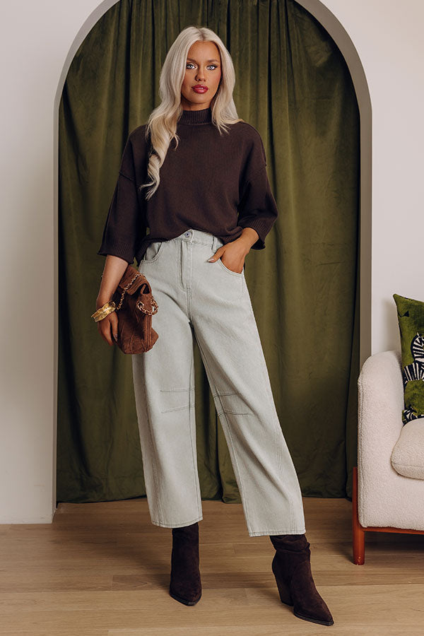 Women's Mock Neck Sweater with Three Quarter Sleeves and Rolled Seam Details