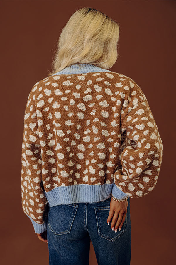 Button-Front Cardigan with Fawn Print and Sky Blue Ribbed Trim