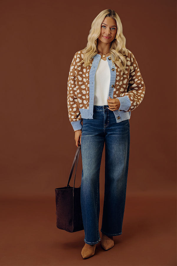 Button-Front Cardigan with Fawn Print and Sky Blue Ribbed Trim