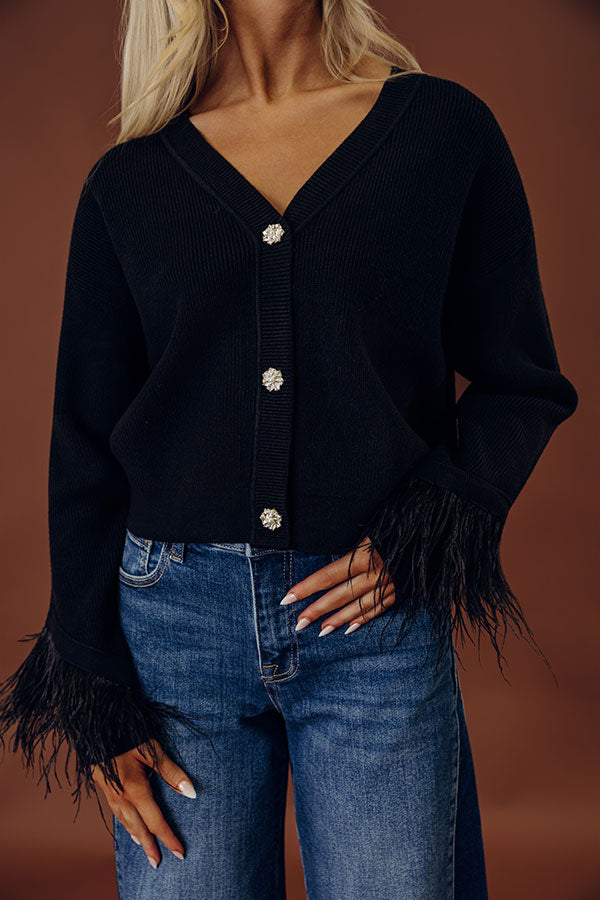 Feather Cuff Cardigan with Rhinestone Buttons and V Neckline, Black