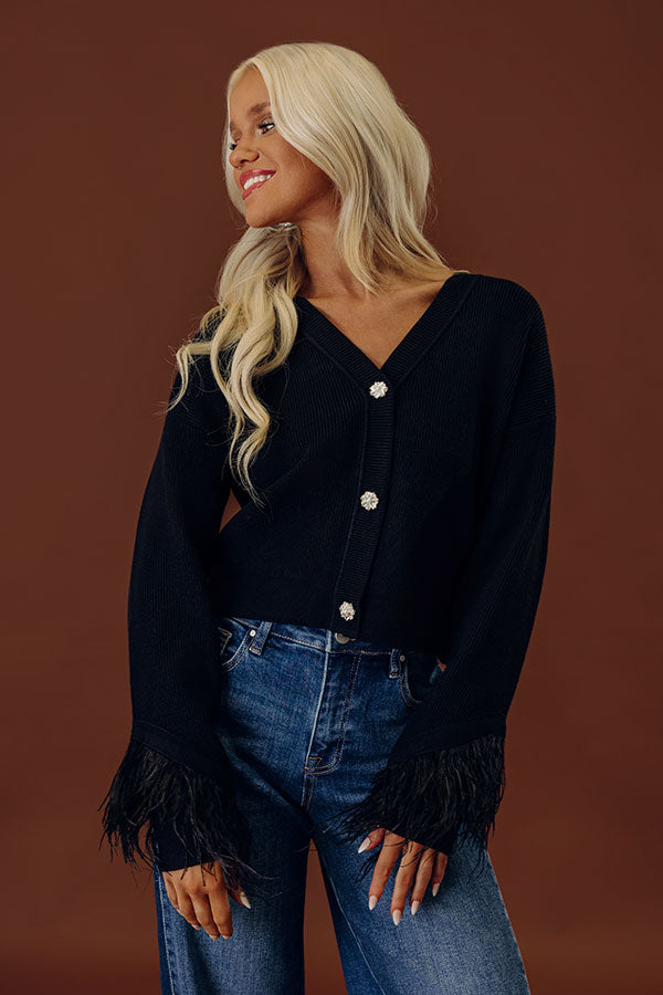 Feather Cuff Cardigan with Rhinestone Buttons and V Neckline, Black