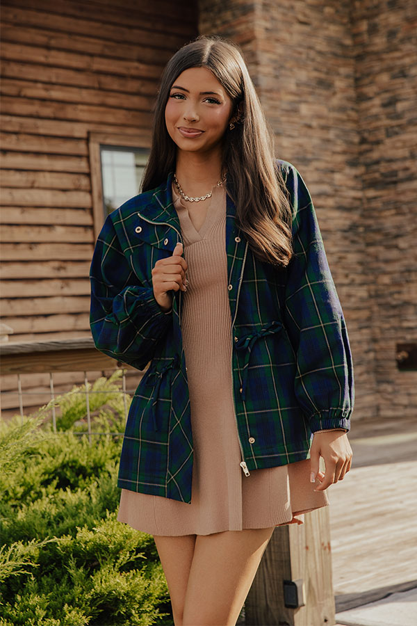 Relaxed Plaid Jacket with Drawstring Waist and Mock Neckline, Navy Green Khaki