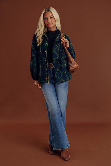 Relaxed Plaid Jacket with Drawstring Waist and Mock Neckline, Navy Green Khaki