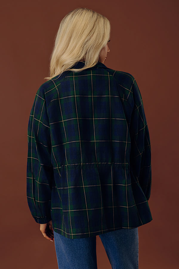 Relaxed Plaid Jacket with Drawstring Waist and Mock Neckline, Navy Green Khaki