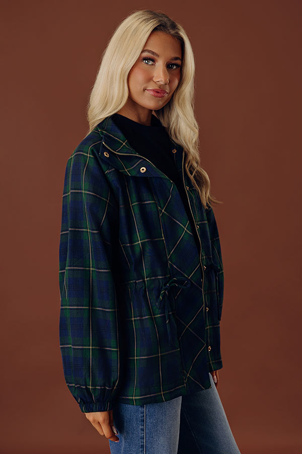 Relaxed Plaid Jacket with Drawstring Waist and Mock Neckline, Navy Green Khaki