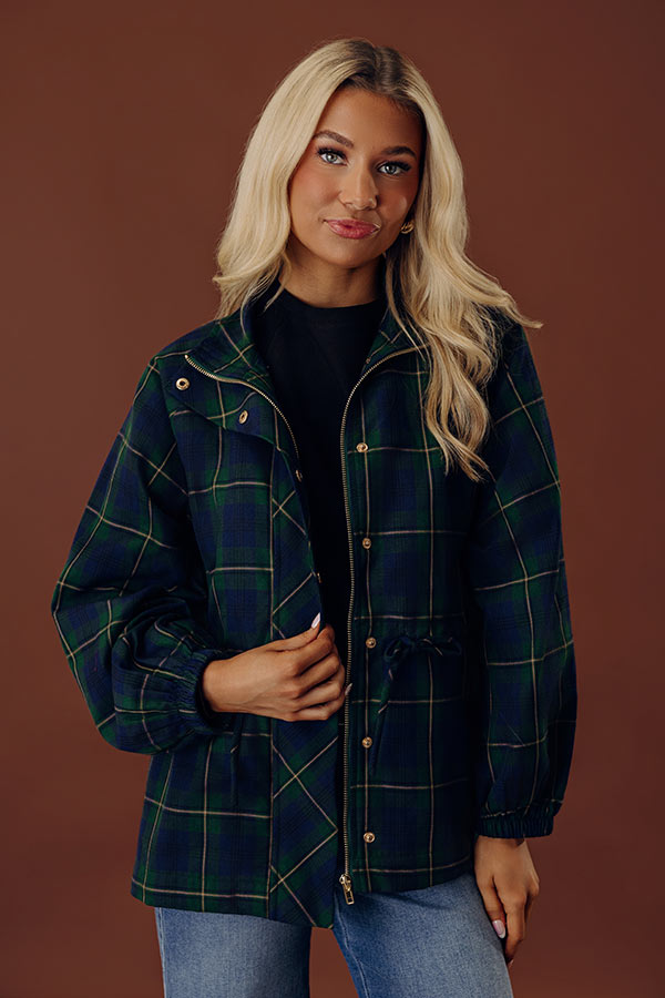 Relaxed Plaid Jacket with Drawstring Waist and Mock Neckline, Navy Green Khaki