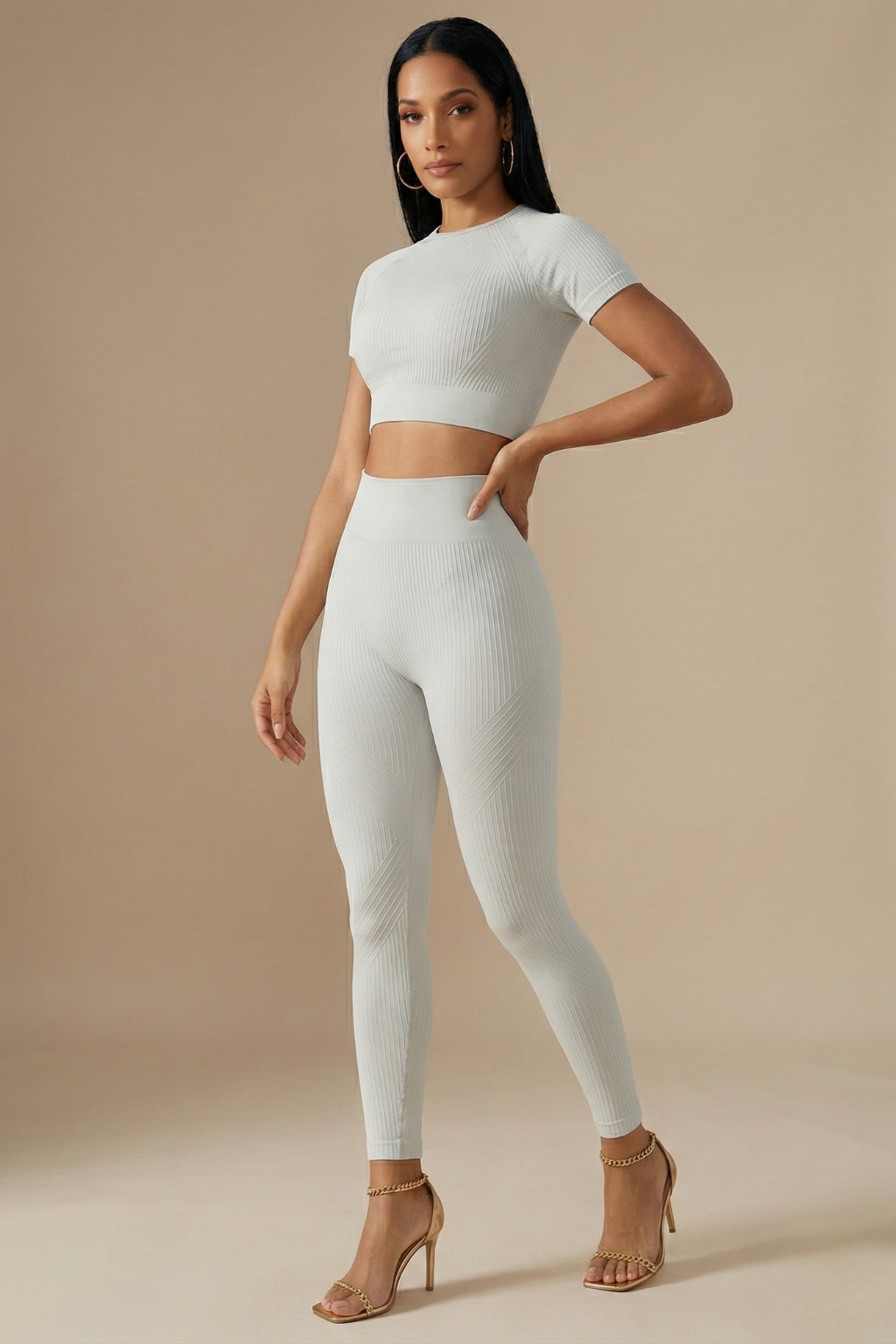 Women Two Piece Yoga Set - Short Sleeve Crop Top - High Waist Leggings