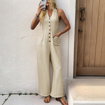 Women's V-Neck Sleeveless Button-Front Wide Leg Jumpsuit with Pockets