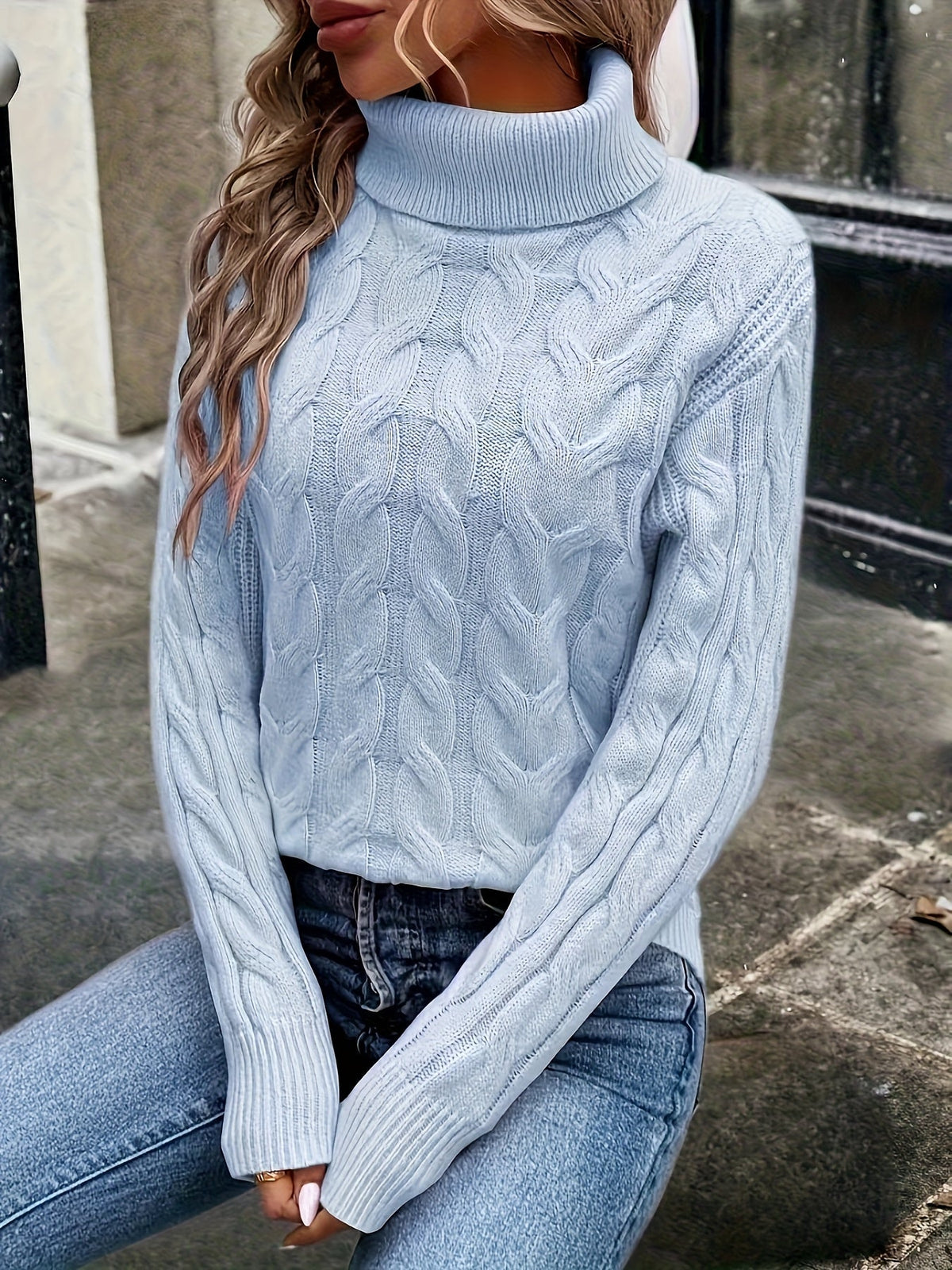 Turtleneck Sweater with Cable Knit Pattern and Relaxed Fit, Full Length Sleeves