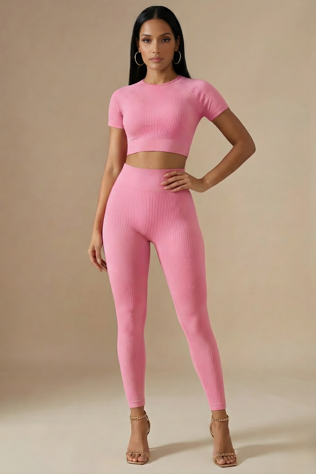 Women Two Piece Yoga Set - Short Sleeve Crop Top - High Waist Leggings