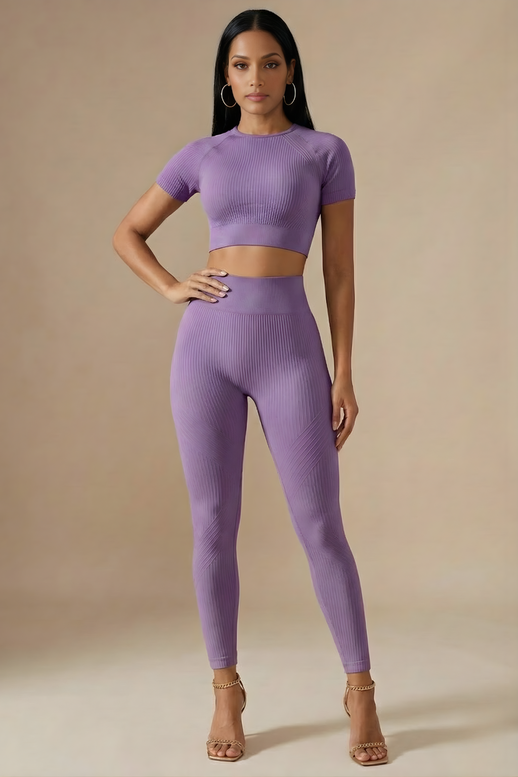 Women Two Piece Yoga Set - Short Sleeve Crop Top - High Waist Leggings