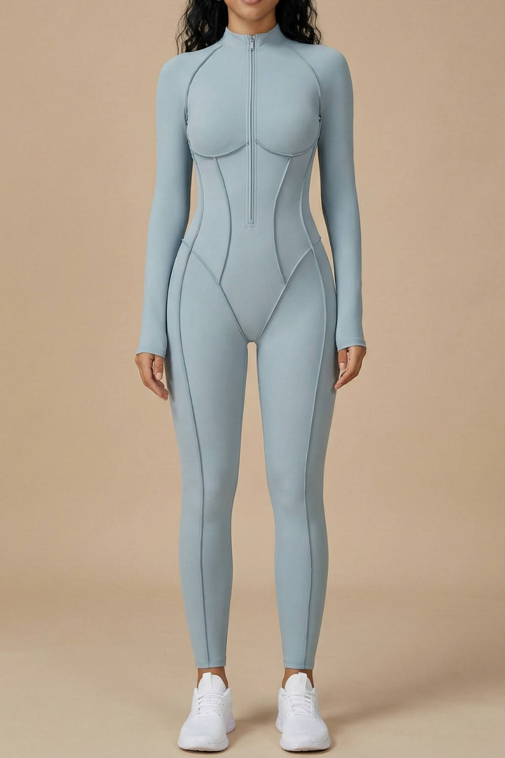 Long Sleeve Yoga Bodysuit - Slim Fit Full Length Zip Front One Piece Workout Jumpsuit
