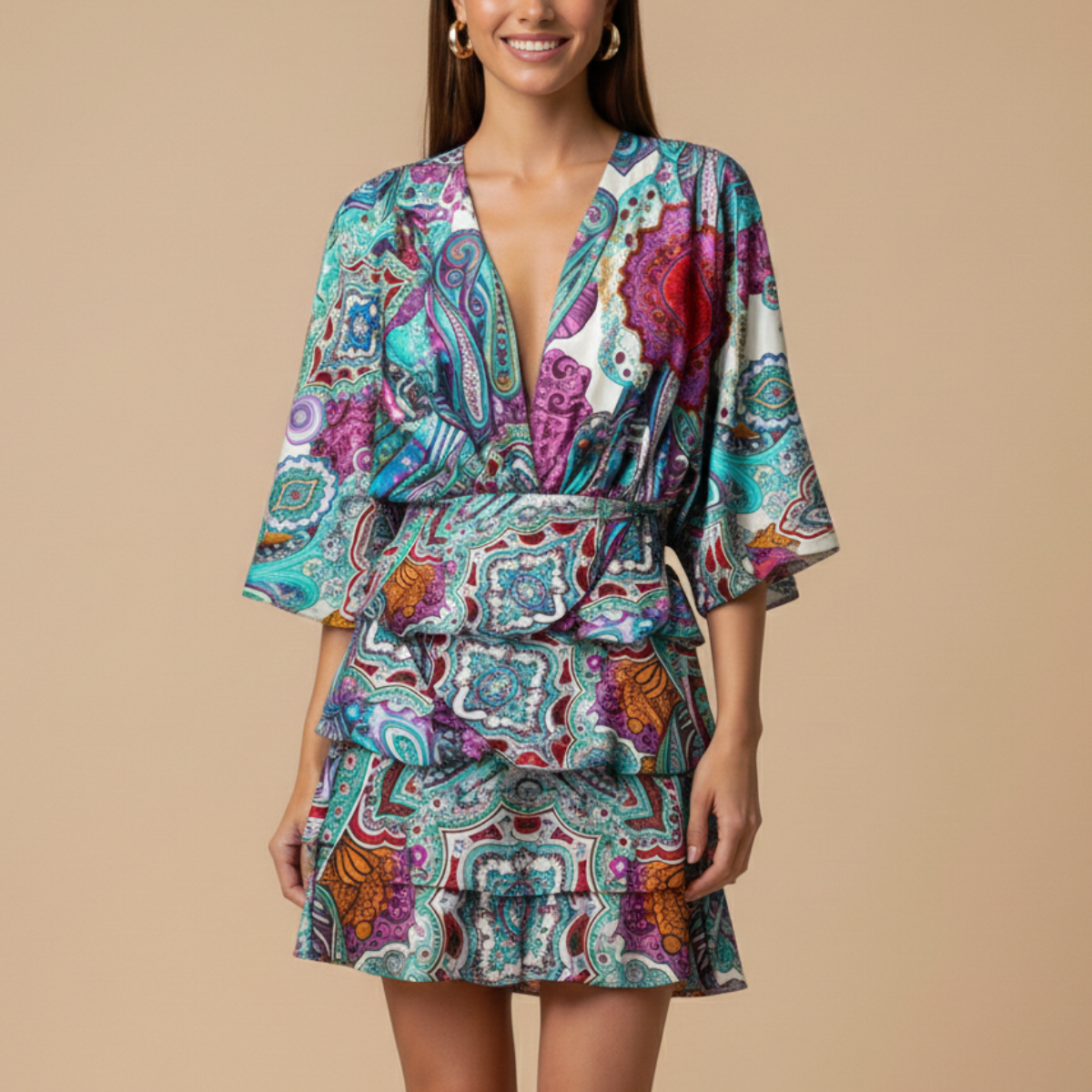 Women’s V-Neck Floral Mini Dress with Short Sleeves and Tiered Skirt