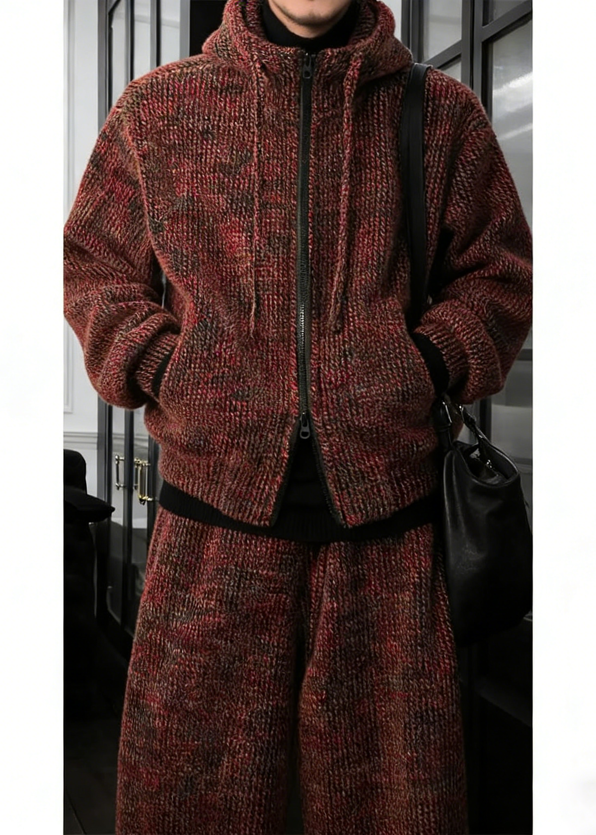 Knit Hoodie and Wide Leg Pants Set with Textured Pattern and Full Zip