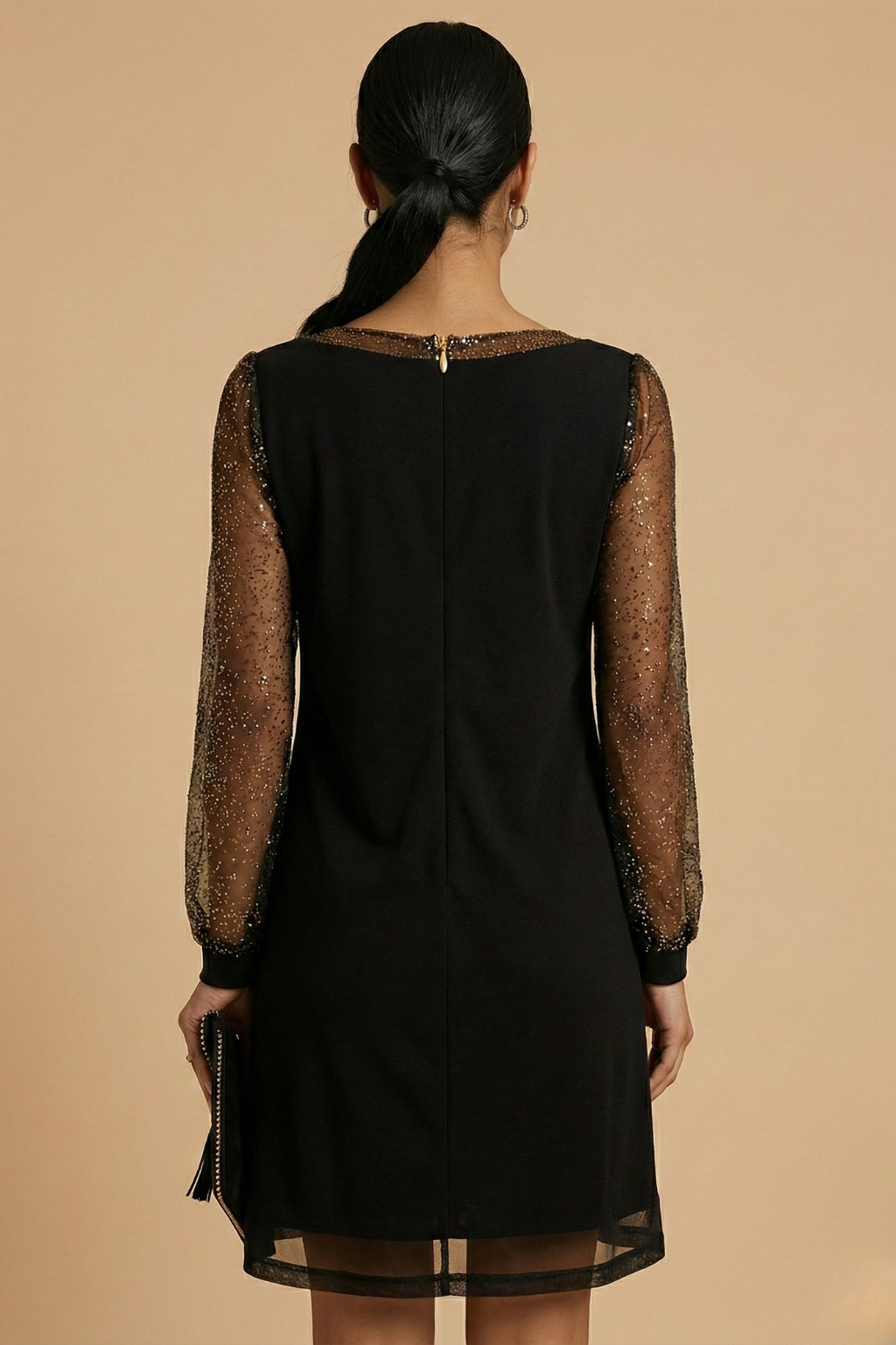 Women’s Elegant Long Sleeve V Neck Mini Dress with Sheer Detail for Evening Wear