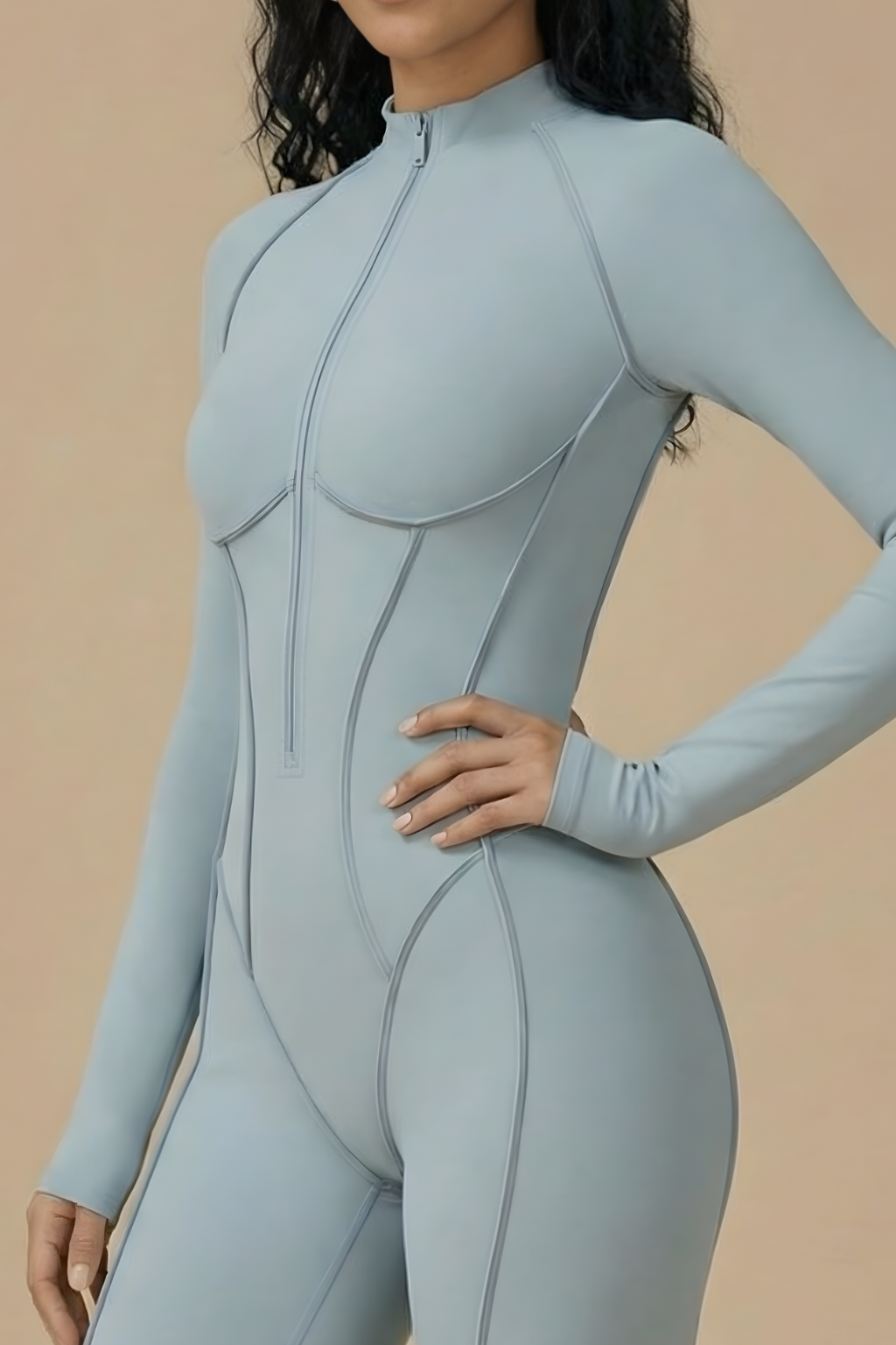 Long Sleeve Yoga Bodysuit - Slim Fit Full Length Zip Front One Piece Workout Jumpsuit