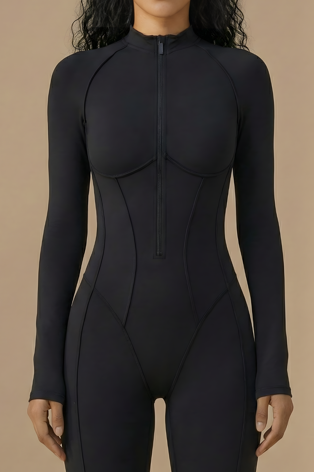 Long Sleeve Yoga Bodysuit - Slim Fit Full Length Zip Front One Piece Workout Jumpsuit