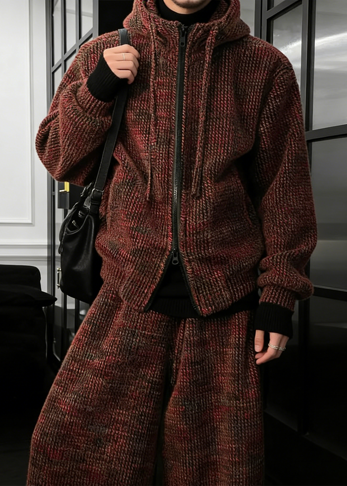 Knit Hoodie and Wide Leg Pants Set with Textured Pattern and Full Zip