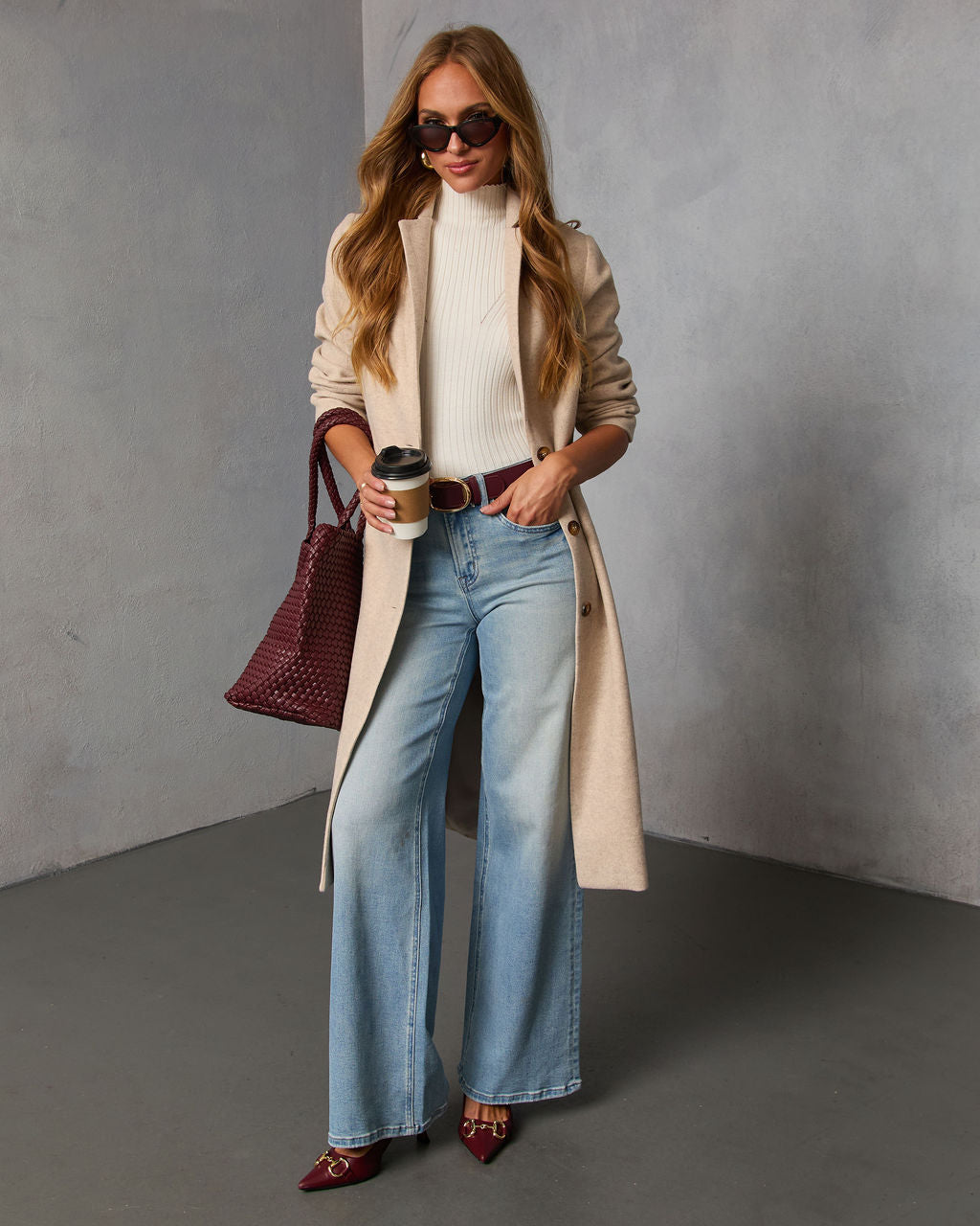Button Front Knit Coat with Notched Collar and Interior Lining, Hip Length