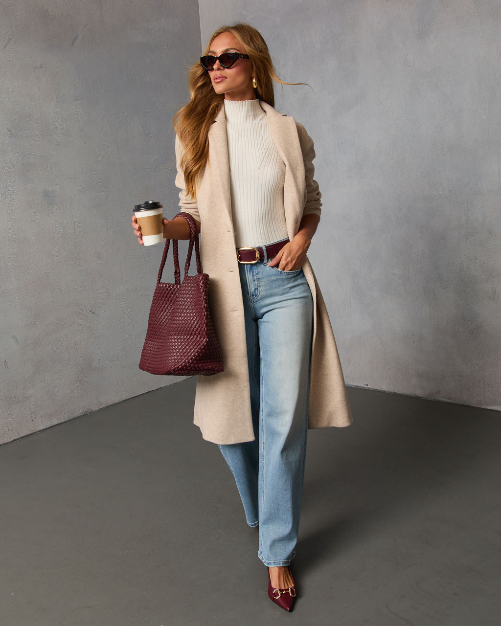 Button Front Knit Coat with Notched Collar and Interior Lining, Hip Length