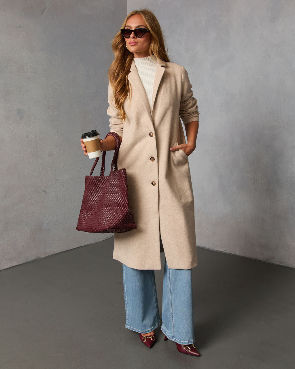 Button Front Knit Coat with Notched Collar and Interior Lining, Hip Length