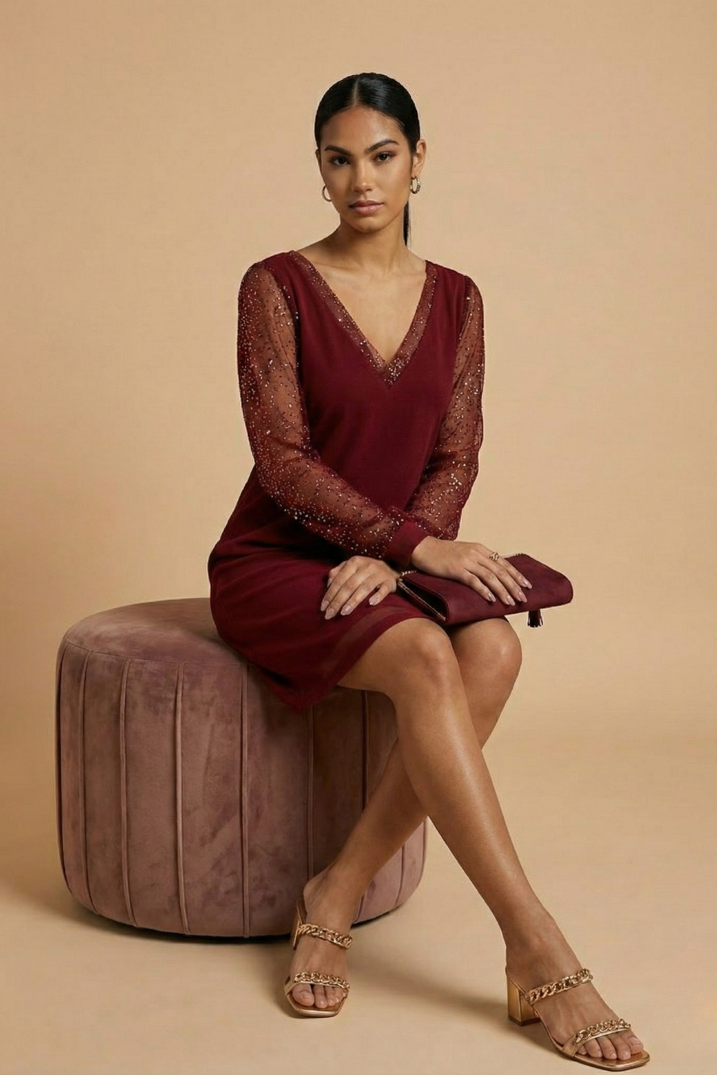 Women’s Elegant Long Sleeve V Neck Mini Dress with Sheer Detail for Evening Wear