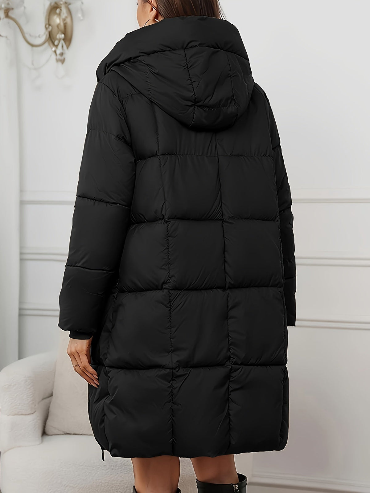 Longline Quilted Coat with Adjustable Drawstring Hood and Side Pockets