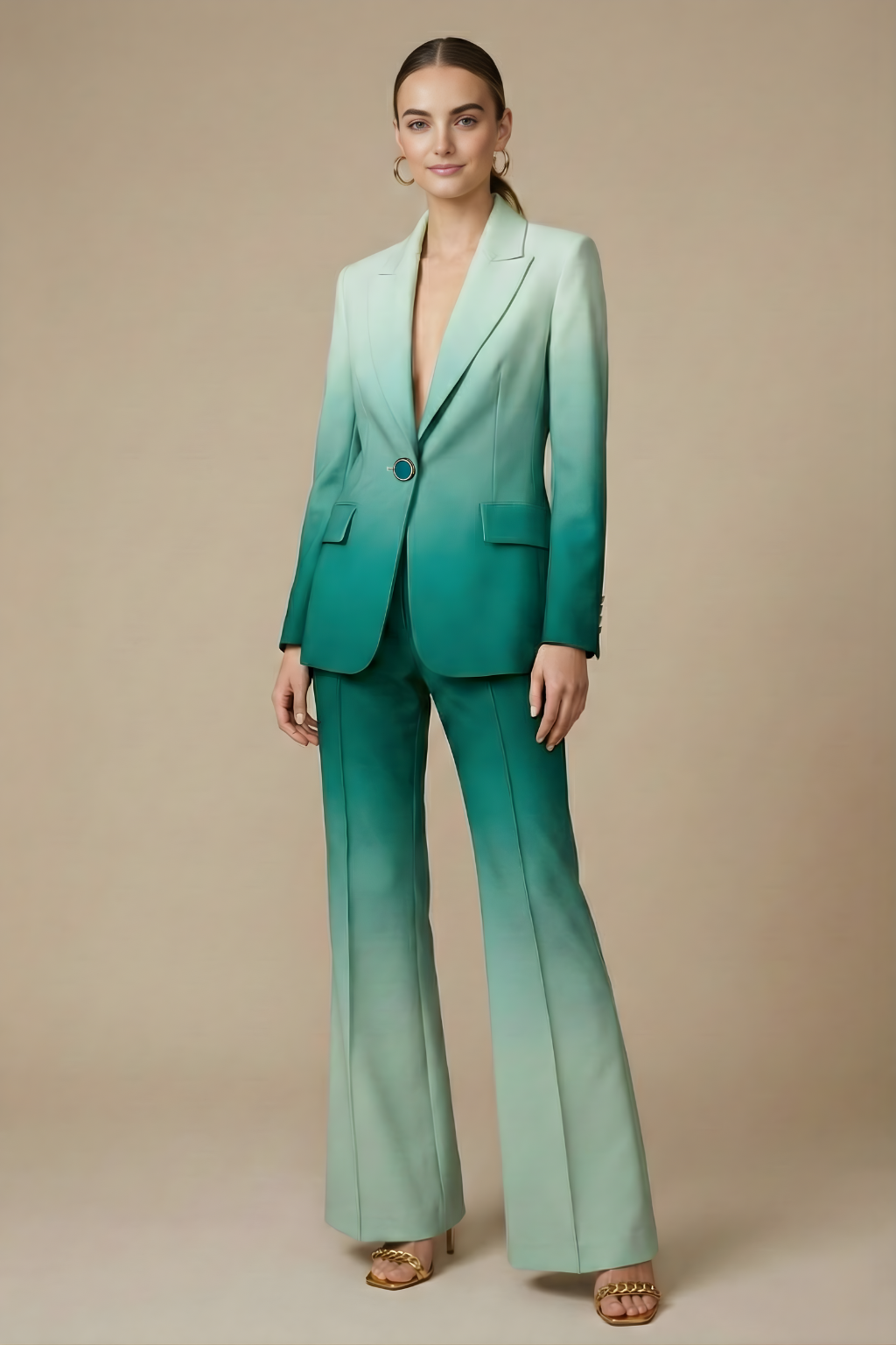 Women’s Two Piece Suit Set with Single Button Blazer and Flared Wide Leg Pants