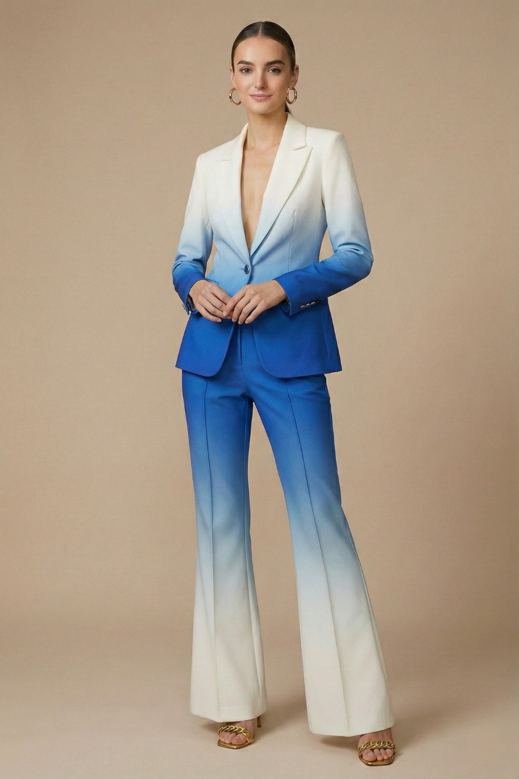 Women’s Two Piece Suit Set with Single Button Blazer and Flared Wide Leg Pants