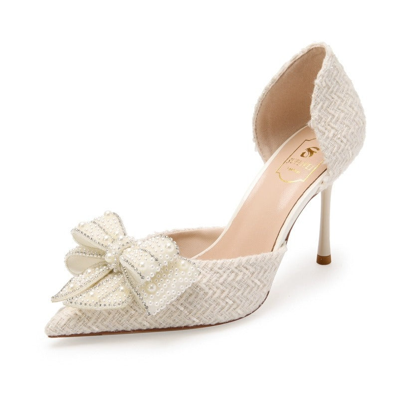 Women's Stiletto Heels - Pointed Toe - Embellished Bow Detail - D'Orsay Cut