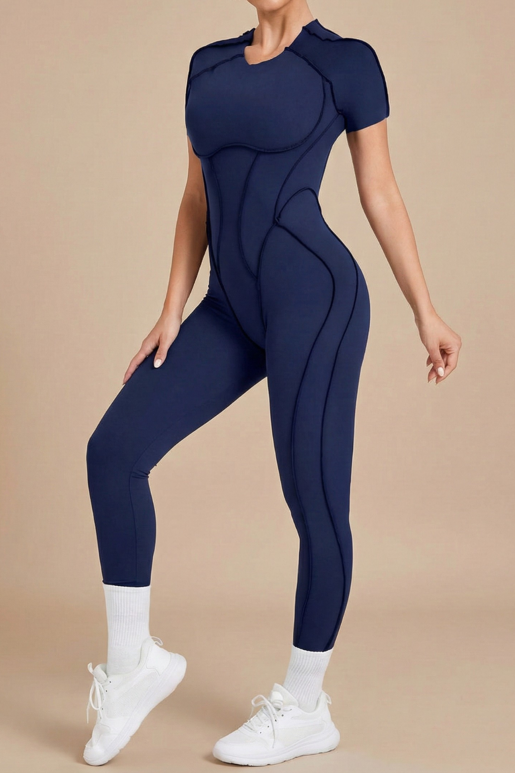 Short Sleeve Open Back Jumpsuit - Slim Fit Full Length One Piece Activewear