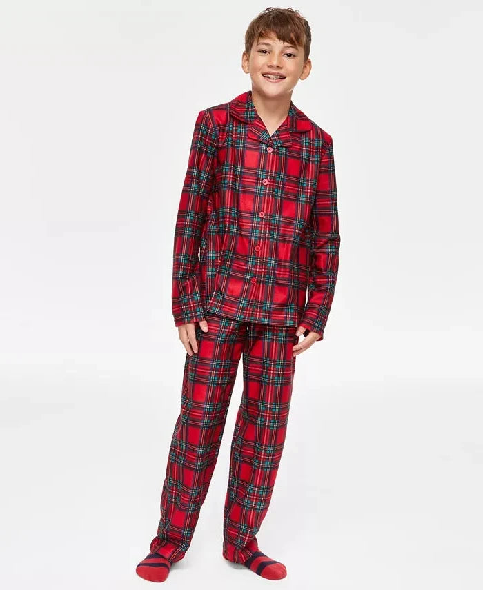 Children's Plaid Pajama Set with Button Front Shirt and Elastic Waist Pants