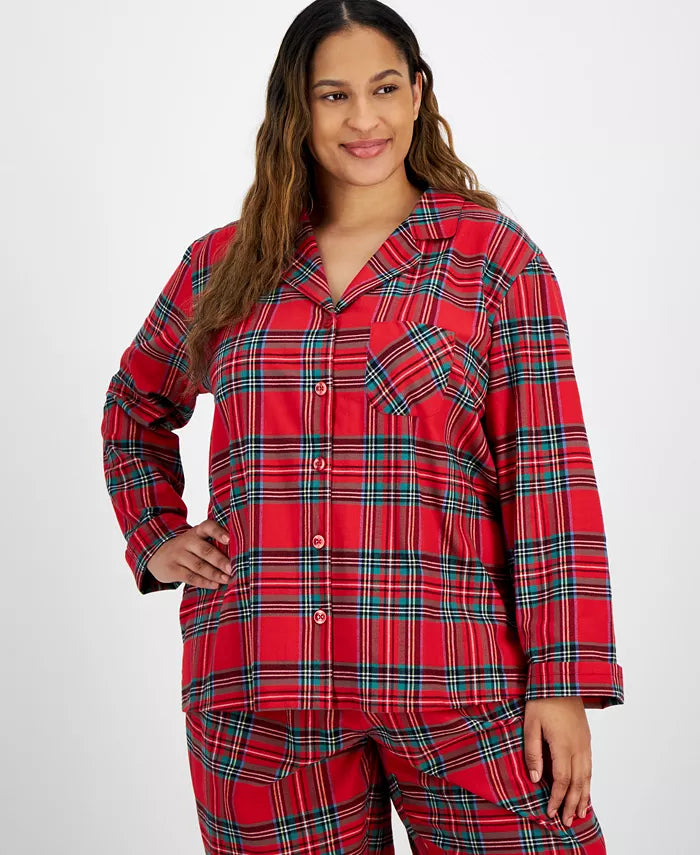 Flannel Pajama Set with Button Front Top and Drawstring Waist Pants