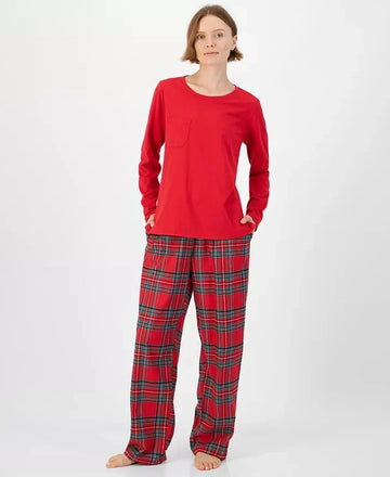 Plaid Cotton Pajama Set with Long Sleeves and Side Pockets, Drawstring Waist
