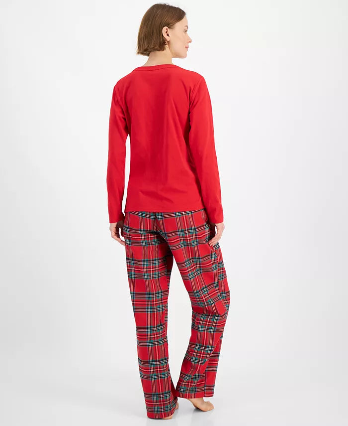 Plaid Cotton Pajama Set with Long Sleeves and Side Pockets, Drawstring Waist