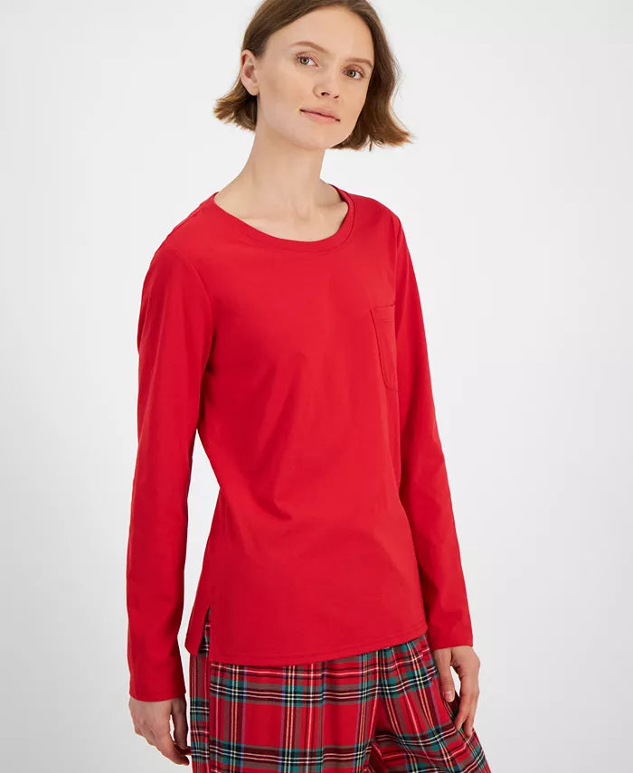 Plaid Cotton Pajama Set with Long Sleeves and Side Pockets, Drawstring Waist