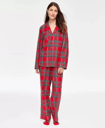 Flannel Pajama Set with Button Front and Drawstring Waist, Plaid Pattern