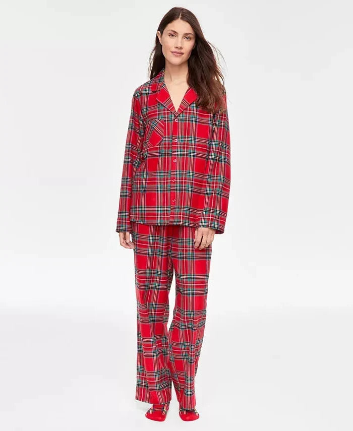 Flannel Pajama Set with Button Front and Drawstring Waist, Plaid Pattern