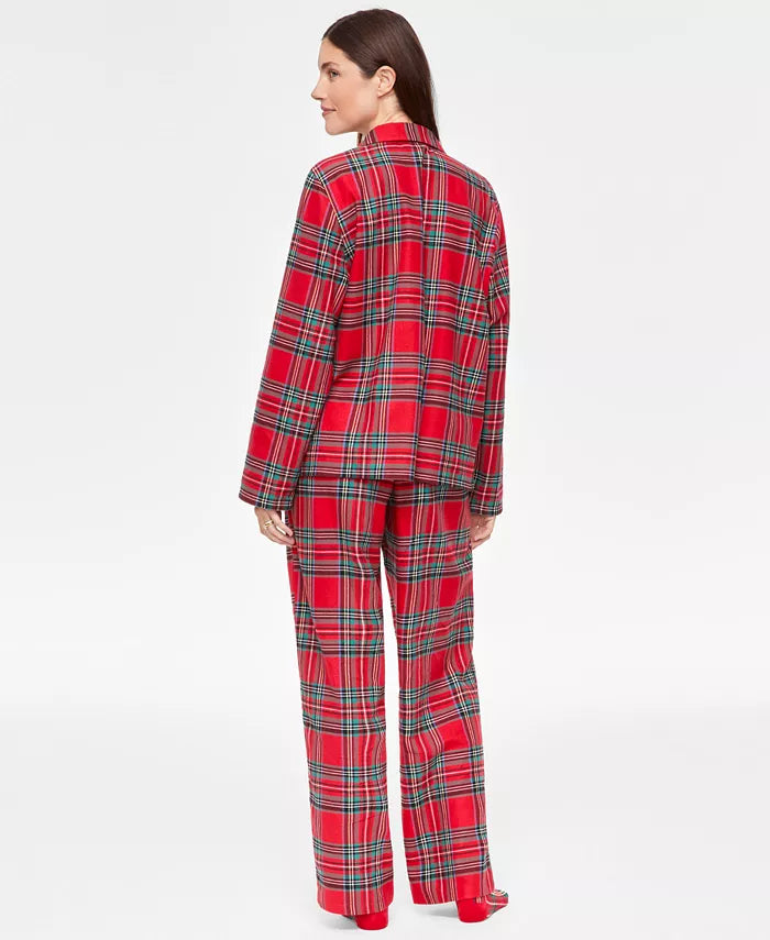 Flannel Pajama Set with Button Front and Drawstring Waist, Plaid Pattern