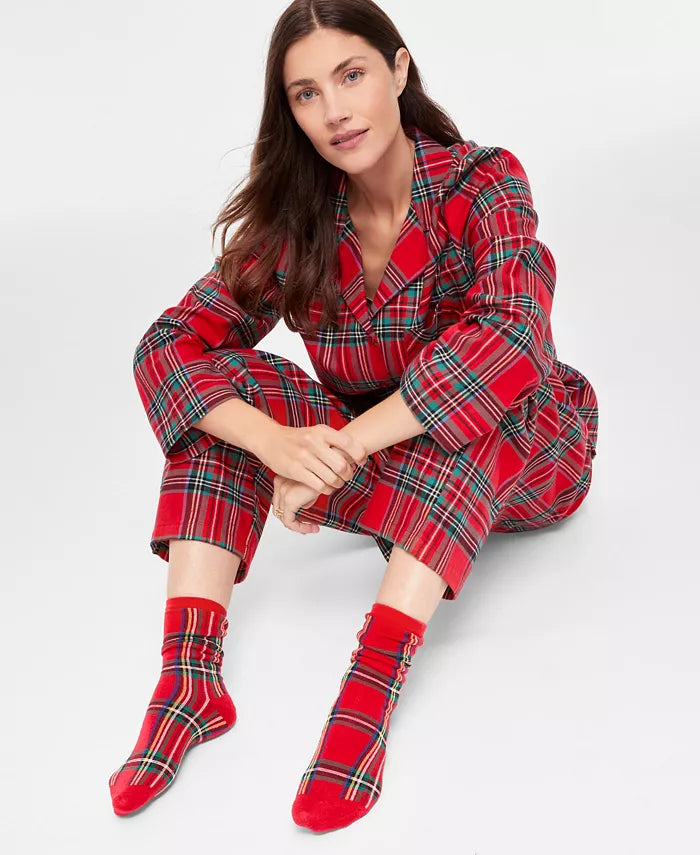 Flannel Pajama Set with Button Front and Drawstring Waist, Plaid Pattern
