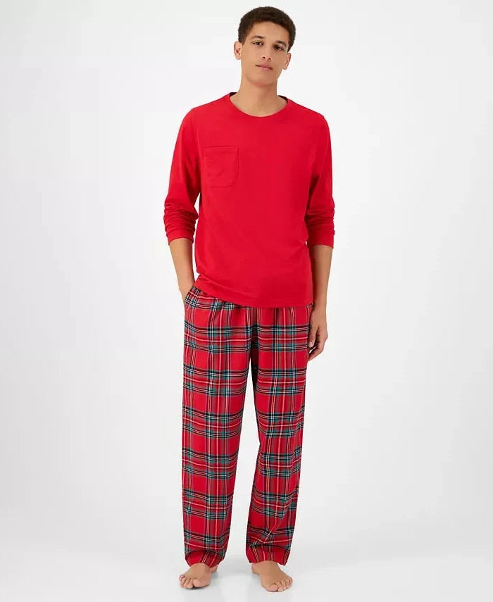 Flannel Pajama Set with Plaid Pattern and Elastic Waistband, Side Pockets