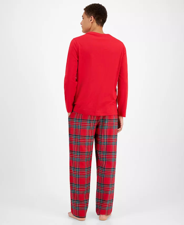 Flannel Pajama Set with Plaid Pattern and Elastic Waistband, Side Pockets