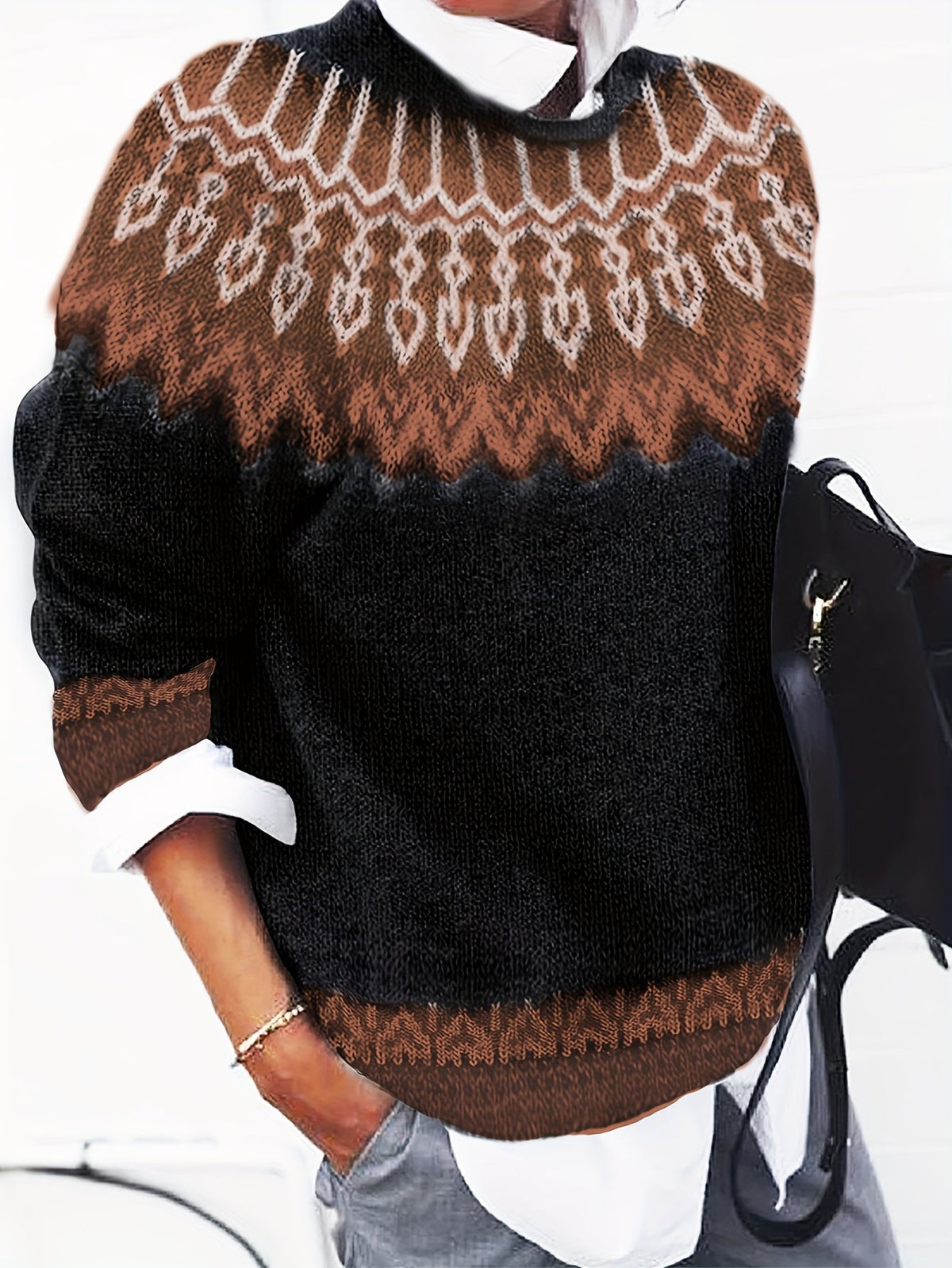 Chunky Knit Sweater with Jacquard Weave Pattern and Round Neck, Hip Length