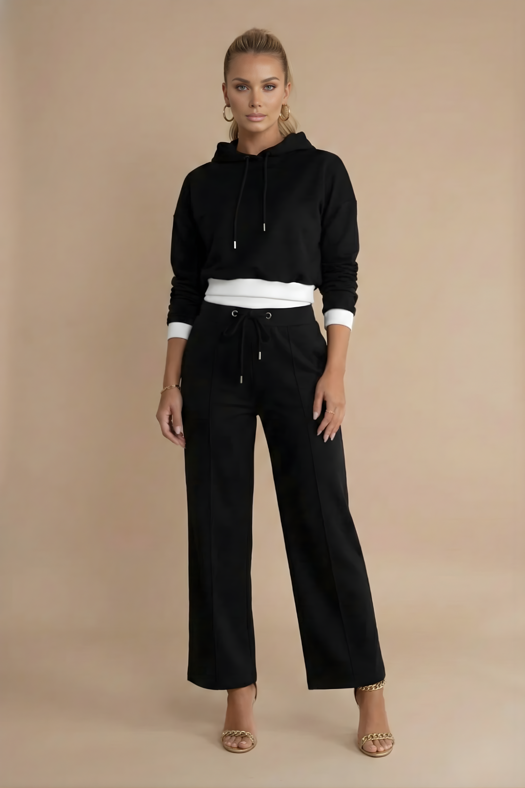 Conjunto de chándal de dos piezas para mujer con sudadera con capucha - Pantalones de pierna ancha - Atuendo coordinado de ajuste relajado