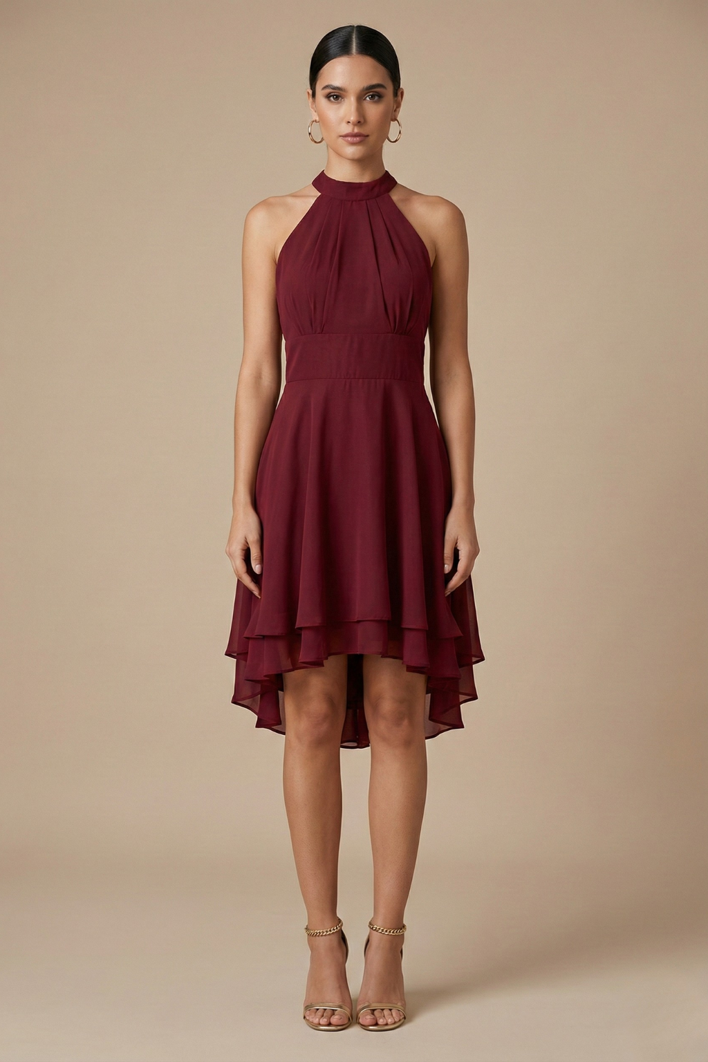 Halter Neck Midi Dress - Sleeveless Cocktail Style with Layered Hem for Evening Events