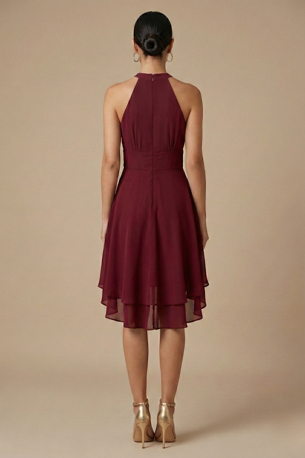 Halter Neck Midi Dress - Sleeveless Cocktail Style with Layered Hem for Evening Events