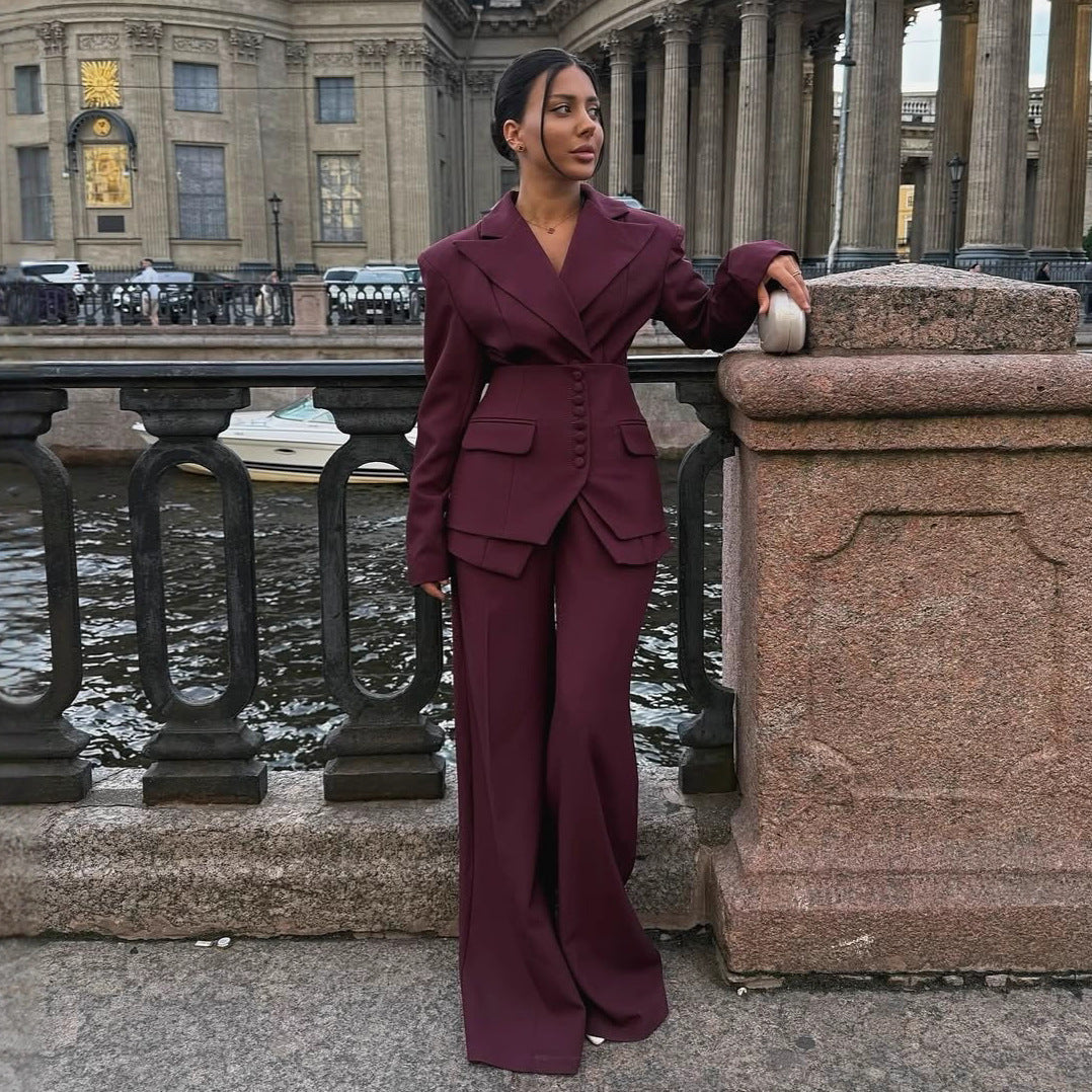 Women's Notched Lapel Blazer Wide Leg Pant Suits Set - Side Button Style