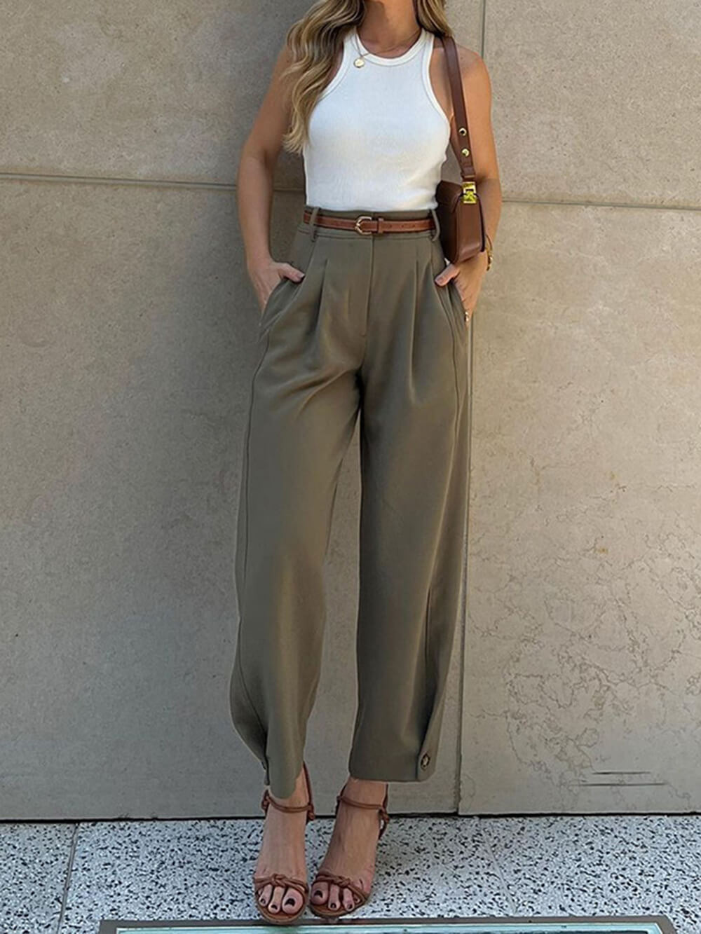 Women's High Waisted Pleated Wide Leg Pants with Ankle Cuffs